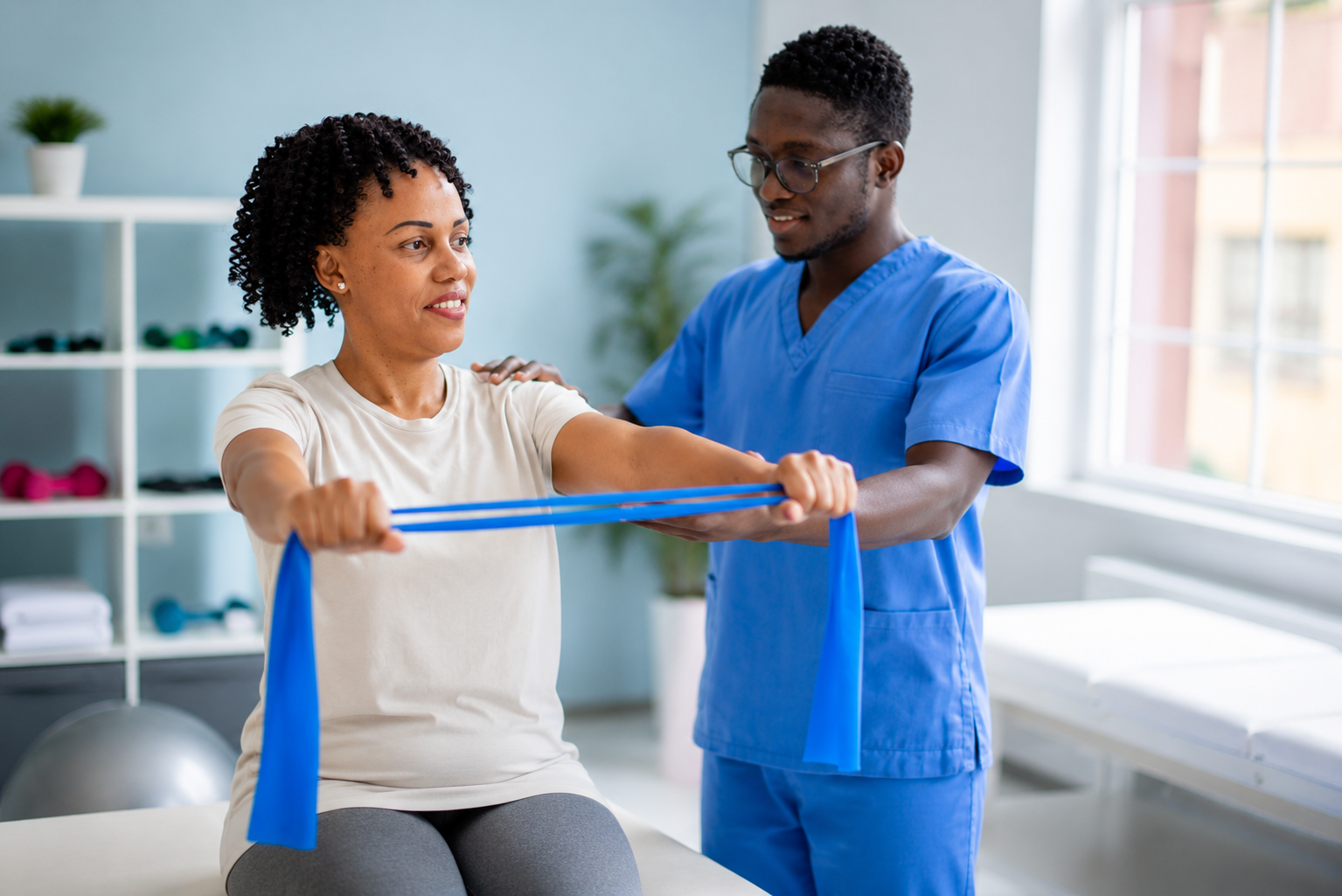 A young child taking confident steps with the support of two rehabilitation health workers